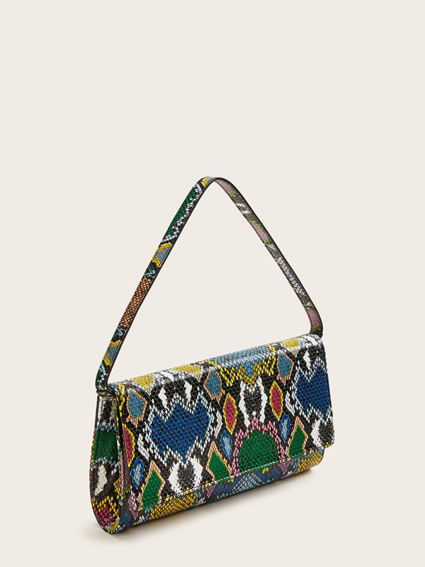 Color-block Snakeskin Print Baguette Bag