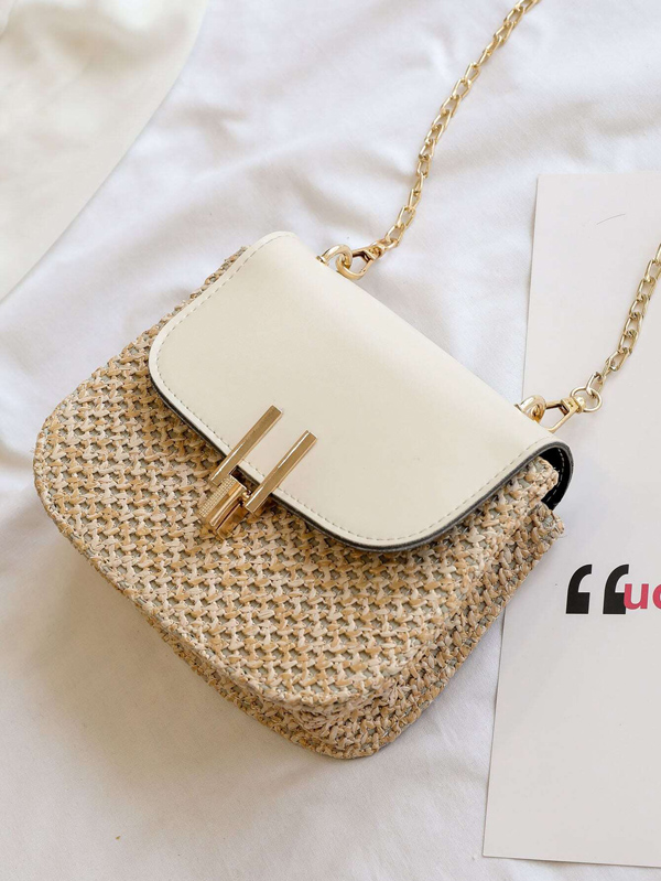 Woven Flap Chain Crossbody Bag