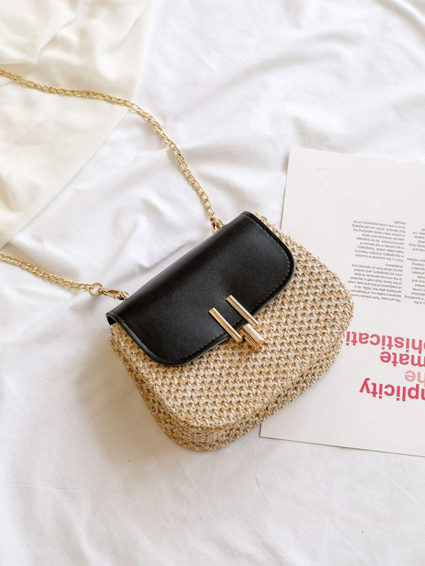 Metal Lock Flap Chain Woven Bag