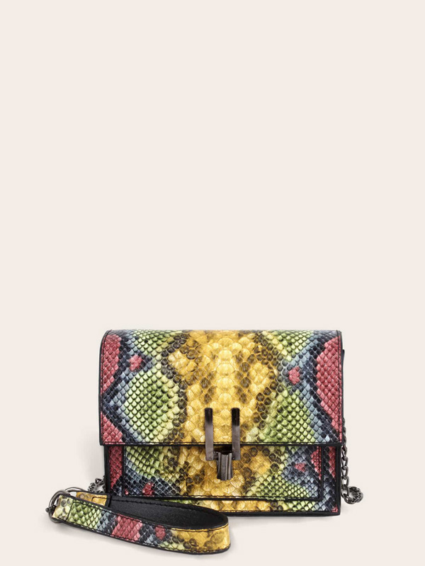 Snakeskin Print Flap Chain Bag