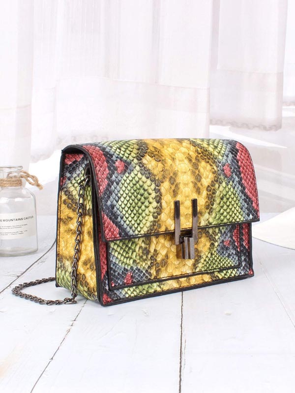 Snakeskin Print Flap Chain Bag