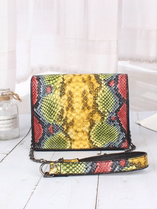 Snakeskin Print Flap Chain Bag