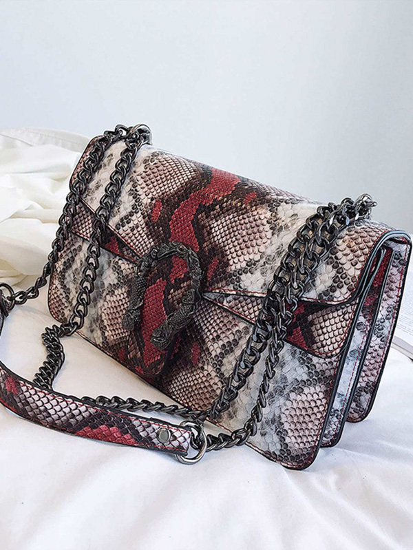 Snakeskin Flap Chain Crossbody Bag