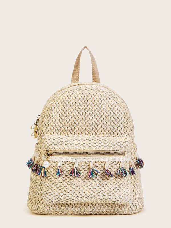 Tassel Decor Pocket Front Woven Backpack - Click Image to Close