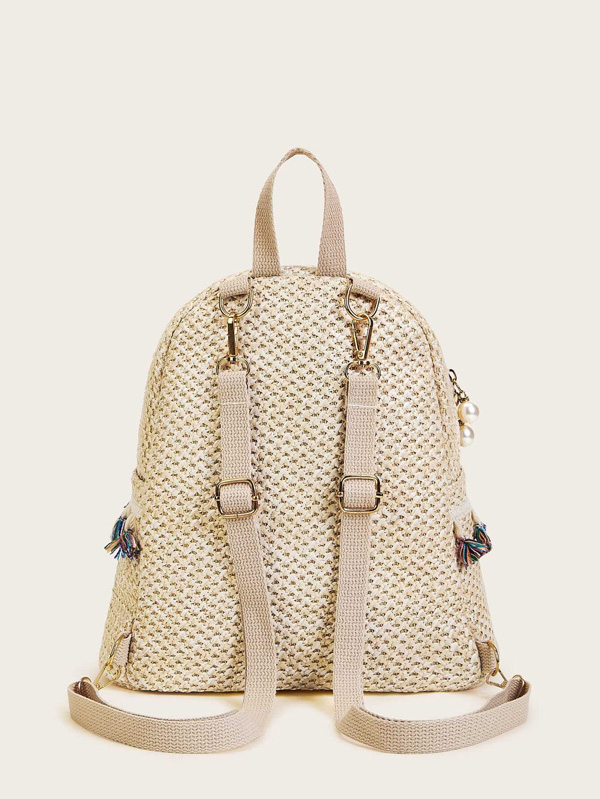 Tassel Decor Pocket Front Woven Backpack