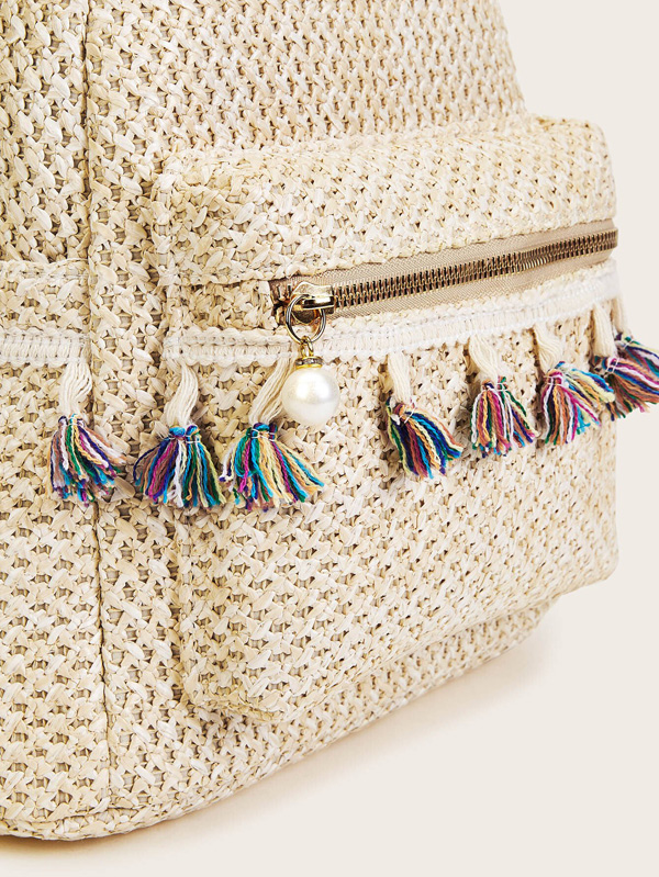 Tassel Decor Pocket Front Woven Backpack