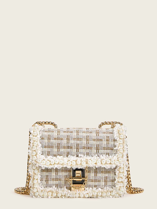 Faux Pearl Decor Tweed Chain Bag - Click Image to Close