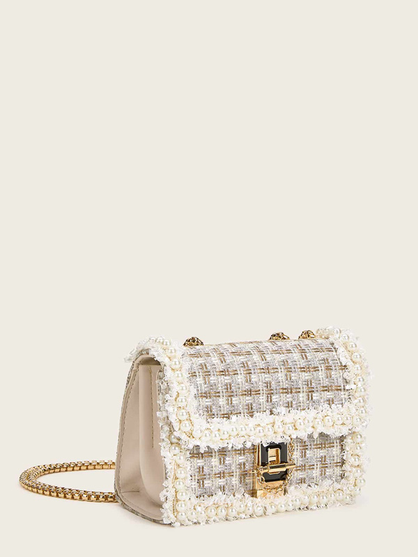 Faux Pearl Decor Tweed Chain Bag