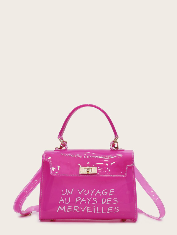 Slogan Print Flap Satchel Bag - Click Image to Close