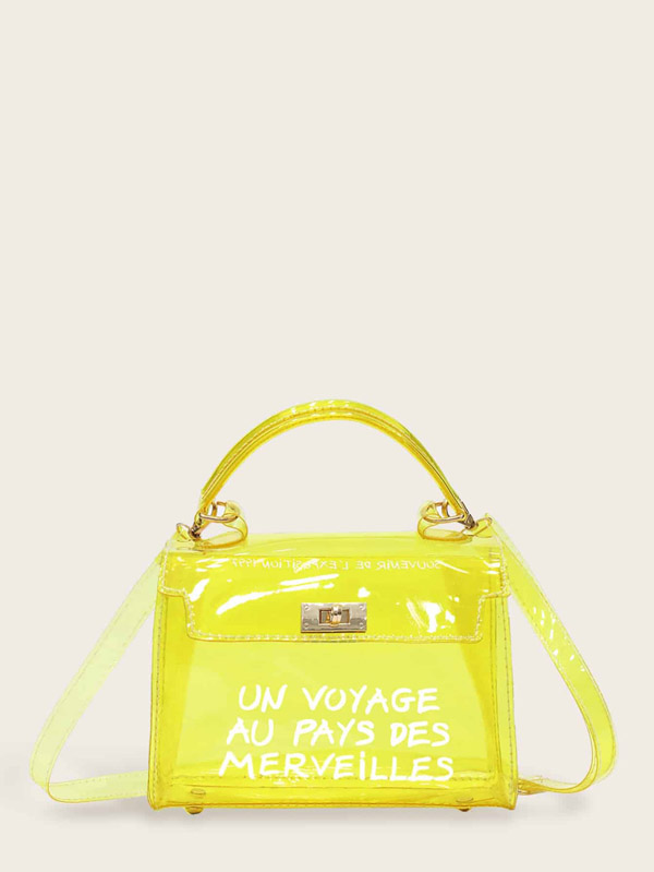 Slogan Print Flap Satchel Bag - Click Image to Close