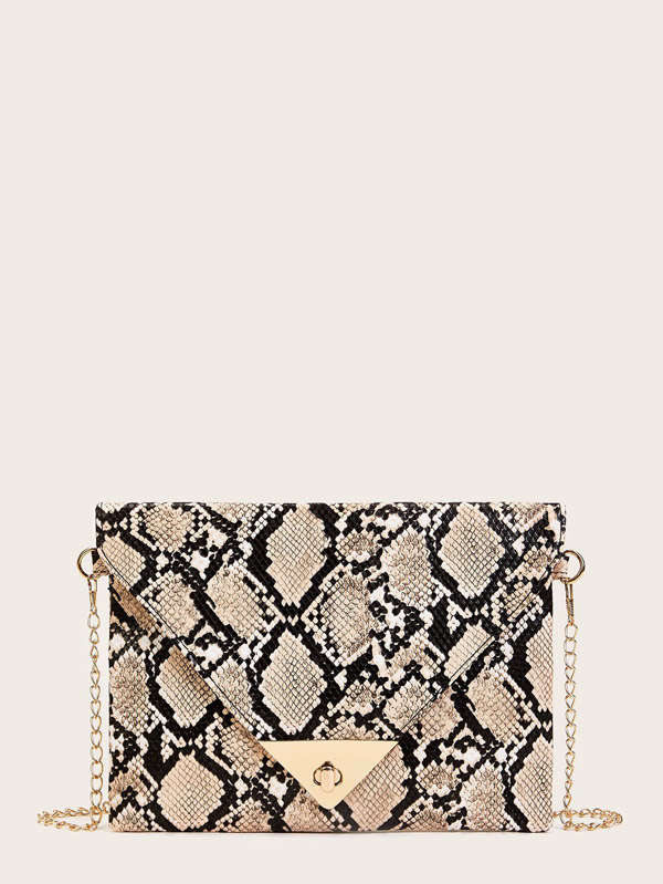 Twist Lock Snakeskin Print Chain Bag