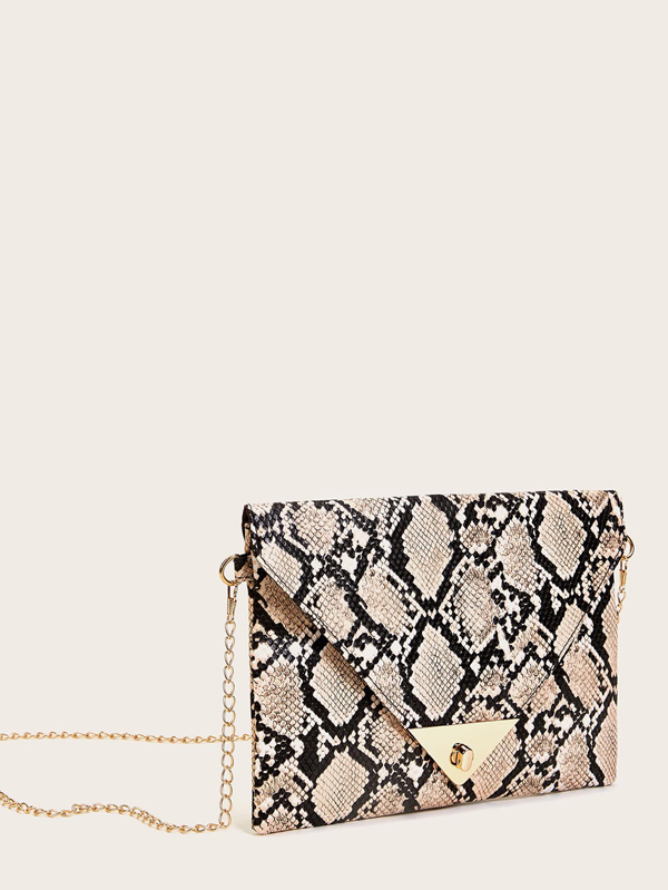 Twist Lock Snakeskin Print Chain Bag