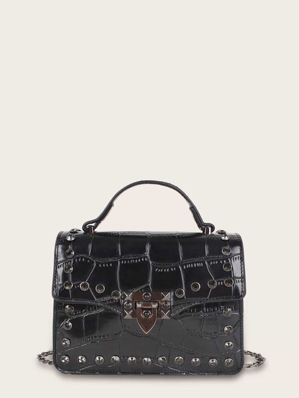 Studded Decor Croc Embossed Satchel Bag