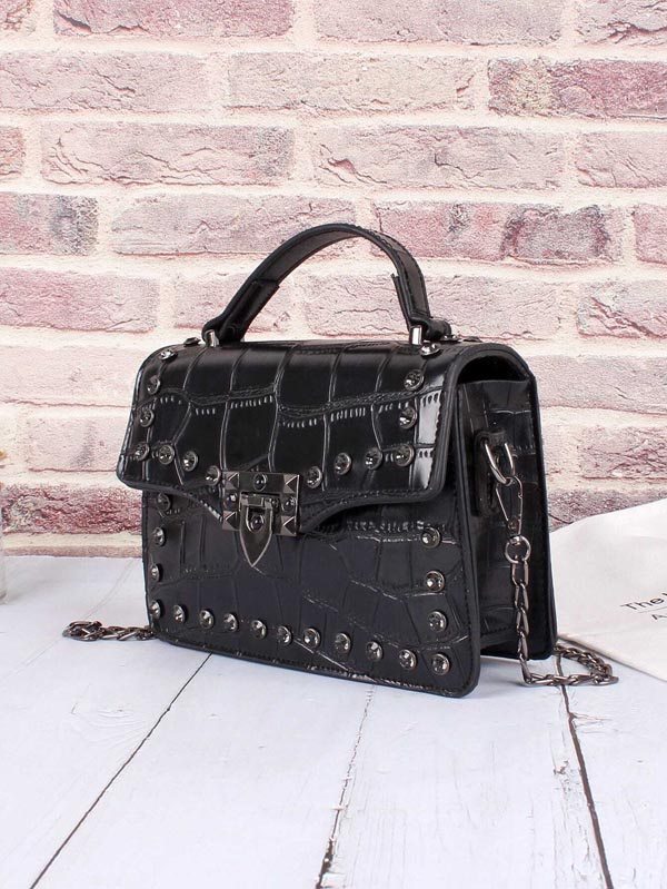 Studded Decor Croc Embossed Satchel Bag