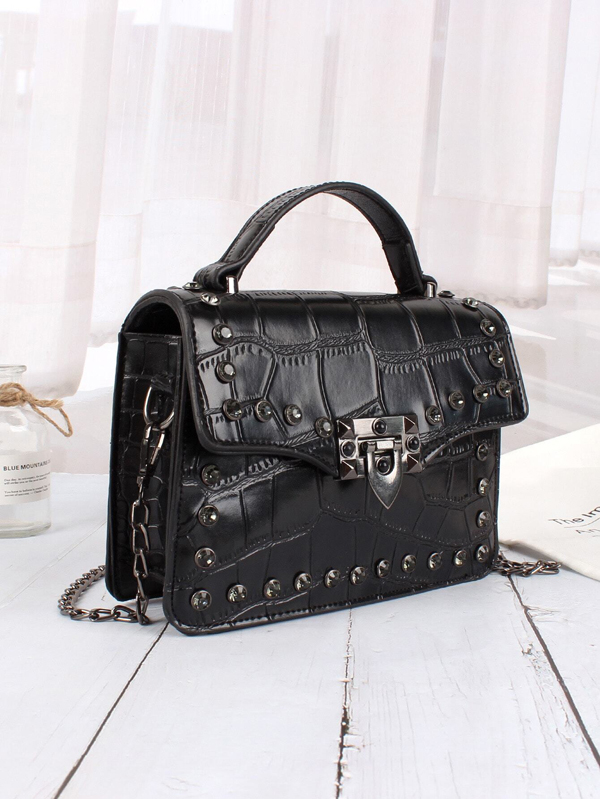 Studded Decor Croc Embossed Satchel Bag