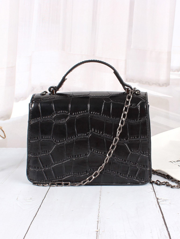 Studded Decor Croc Embossed Satchel Bag