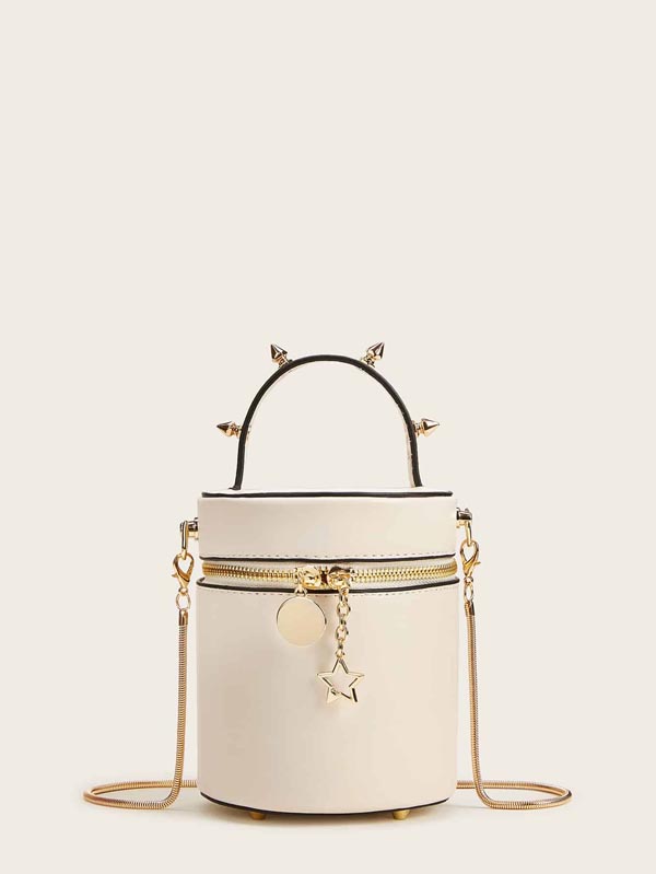 Studded Decor Zip Around Bucket Bag - Click Image to Close