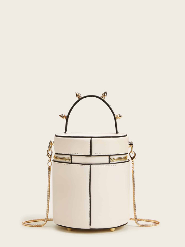 Studded Decor Zip Around Bucket Bag