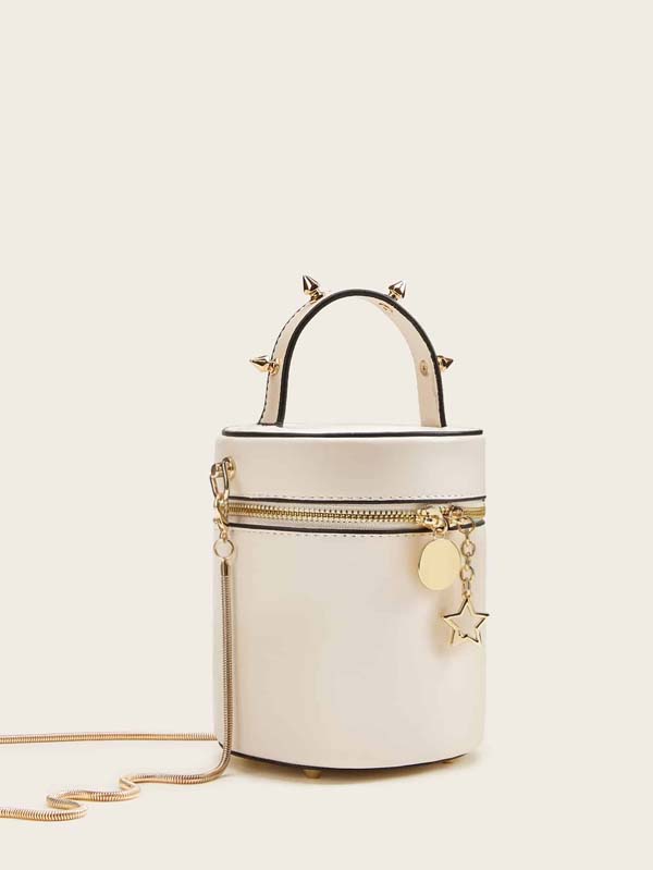 Studded Decor Zip Around Bucket Bag