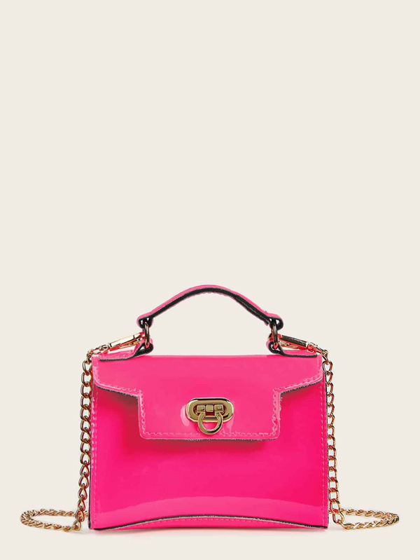 Neon Pink Metal Lock Chain Strap Satchel Bag - Click Image to Close