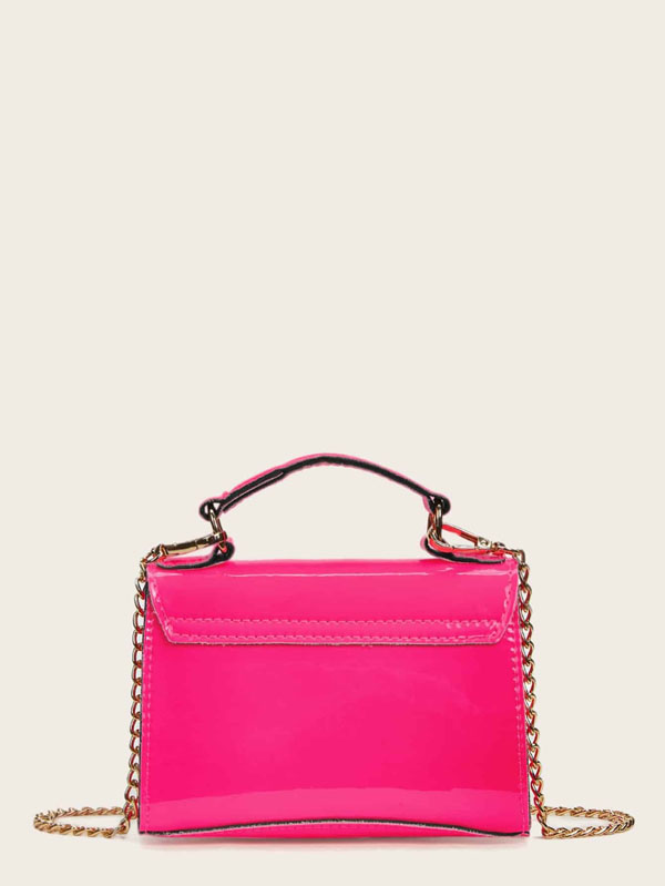 Neon Pink Metal Lock Chain Strap Satchel Bag