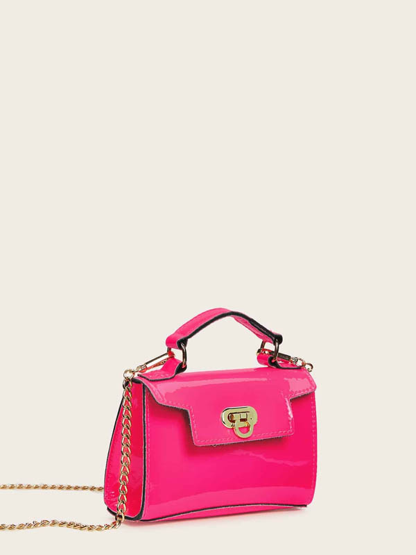 Neon Pink Metal Lock Chain Strap Satchel Bag