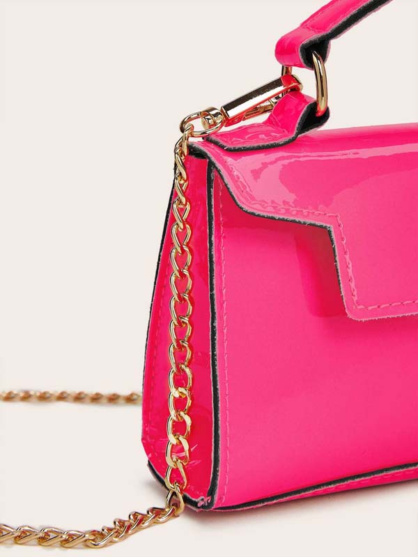 Neon Pink Metal Lock Chain Strap Satchel Bag