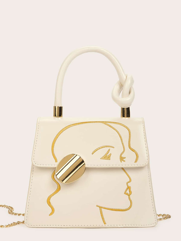 Knot Detail Face Embroidery Satchel Bag - Click Image to Close