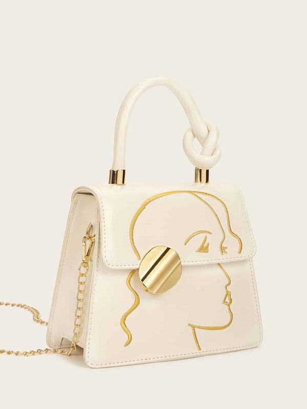 Knot Detail Face Embroidery Satchel Bag