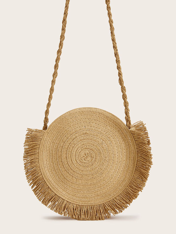 Fringe Decor Braided Strap Round Straw Crossbody Bag