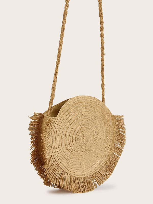 Fringe Decor Braided Strap Round Straw Crossbody Bag