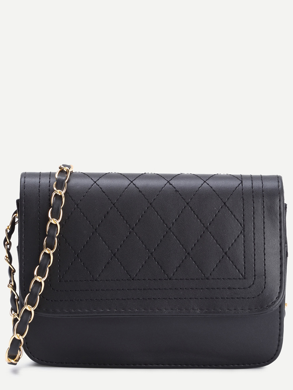 Black Faux Leather Quilted Flap Chain Bag - Click Image to Close