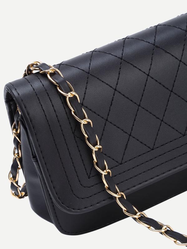 Black Faux Leather Quilted Flap Chain Bag