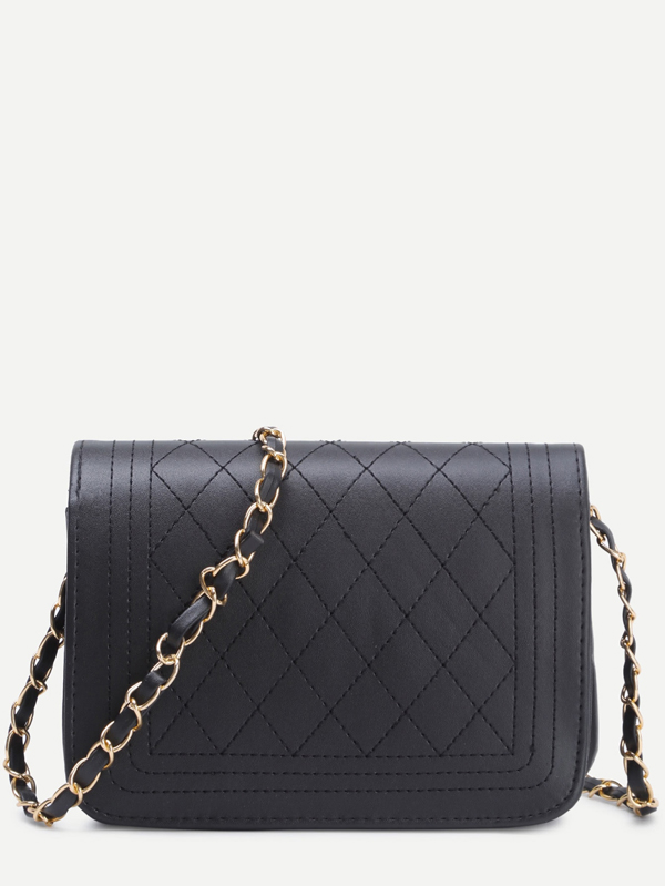 Black Faux Leather Quilted Flap Chain Bag